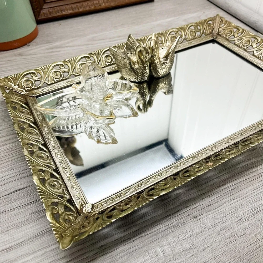 Vintage Ornate Filigree Mirror Tray: Hollywood Regency‎ Vanity Decor (10x15)